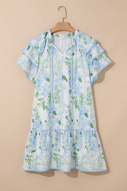 Sky Blue Floral Contrast Edge Ruffle Sleeve Tie Neck Mini Dress