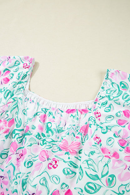 White Floral Print Ric-rac Trim Square Neck Plus Size Mini Dress