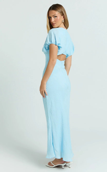 Desiree Midi Dress - V Neck Flutter Short Sleeve Slip Dress in Blue