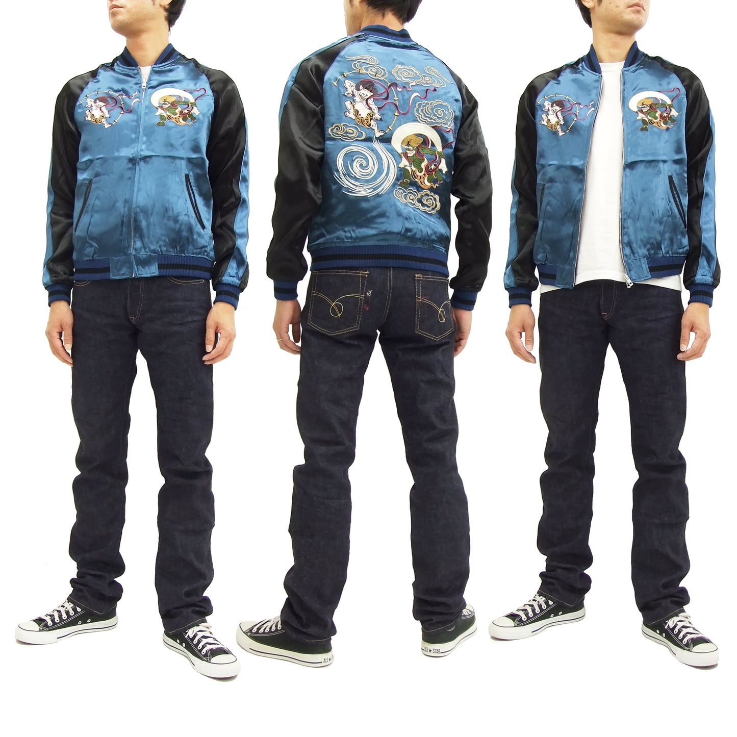 Japanesque Japanese Souvenir Jacket 3RSJ-003 Fujin Raijin Men's Sukajan Blue/Black