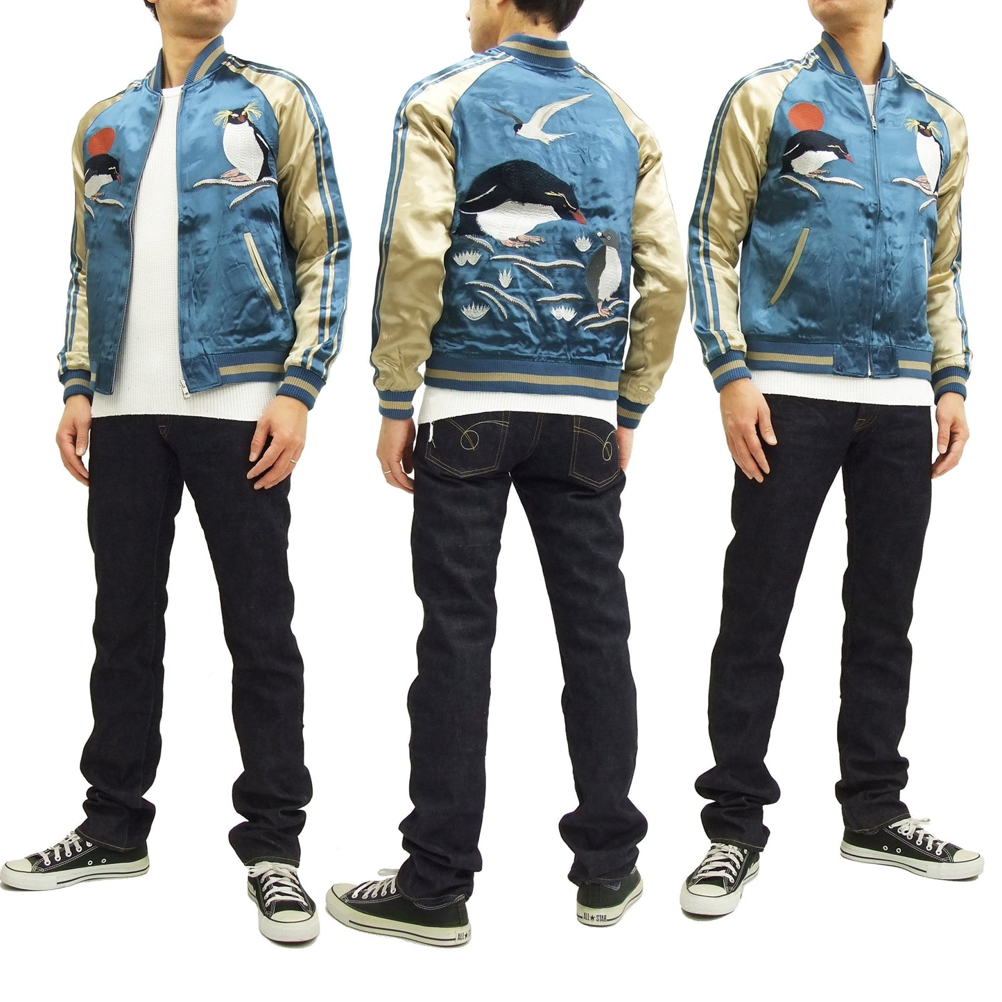 Japanesque Script Japanese Souvenir Jacket 3RSJ-036 Penguin Men's Sukajan Blue/Gold