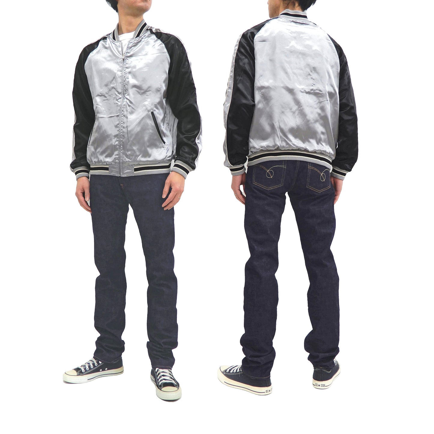 Japanesque Sukajan Men's Japanese Souvenir Jacket Japanese Bush Warbler 3RSJ-751 Gray/Black