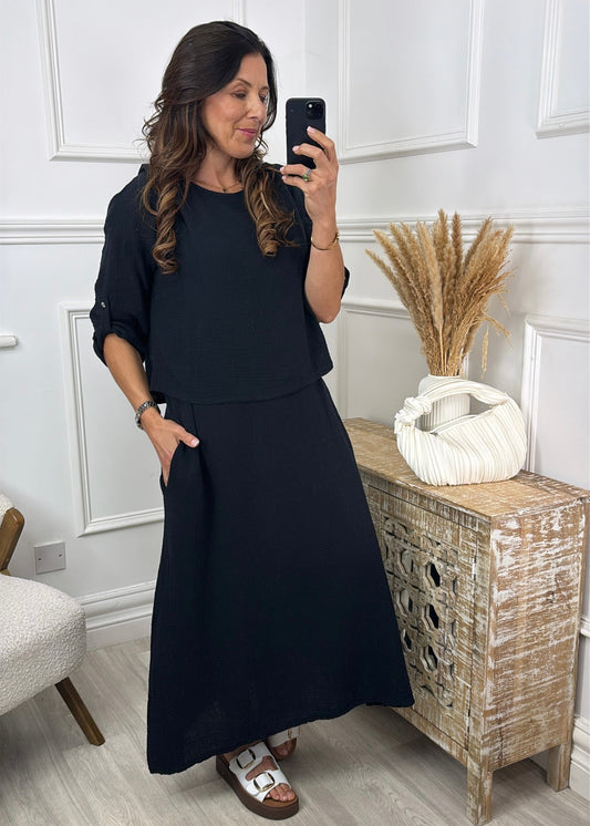 Steph Black Overlay Top Midi Dress