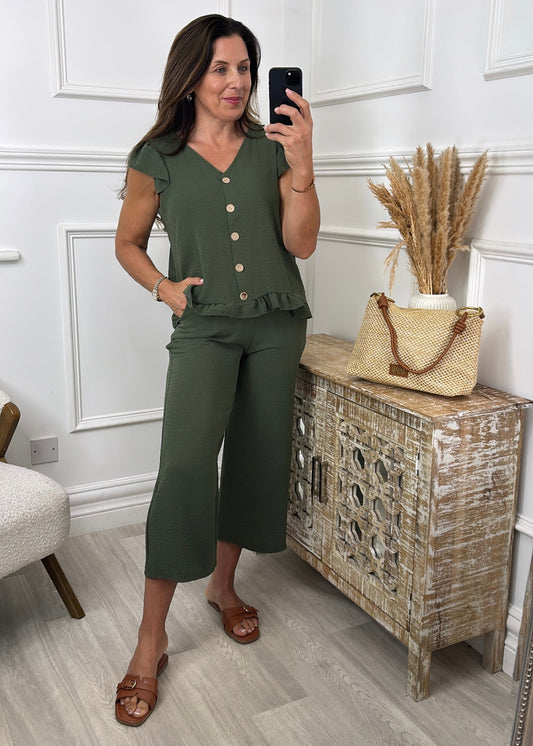 Ellie Rose V Neck Frill Hem Set Khaki