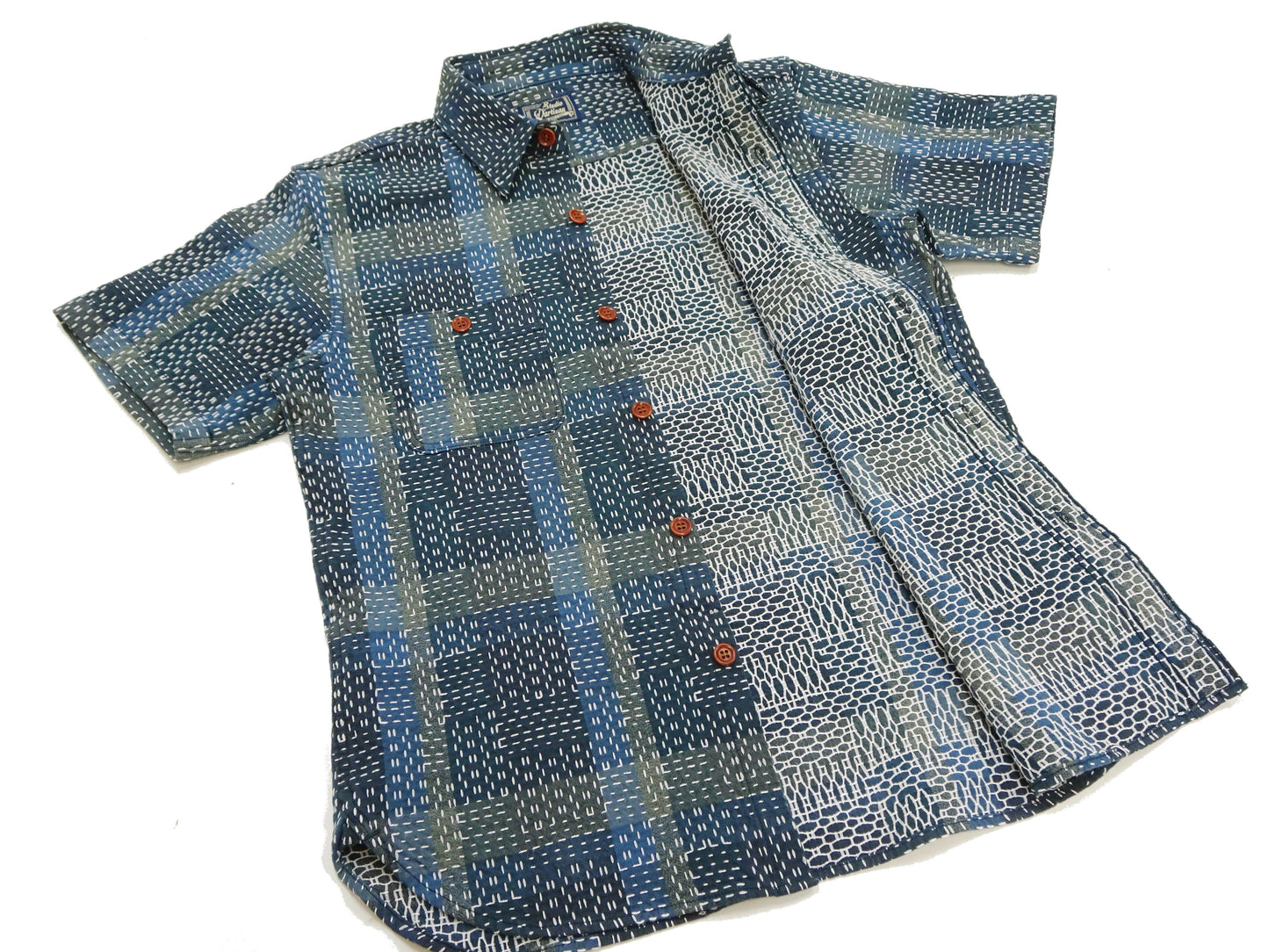 Studio D'artisan Men's Noragi-Style Sashiko Jacquard Short Sleeve Shirt, Boro-Inspired Heavyweight Japanese Workwear Button-Up Shirt, Made in Japan (SDA 5657, Blue)