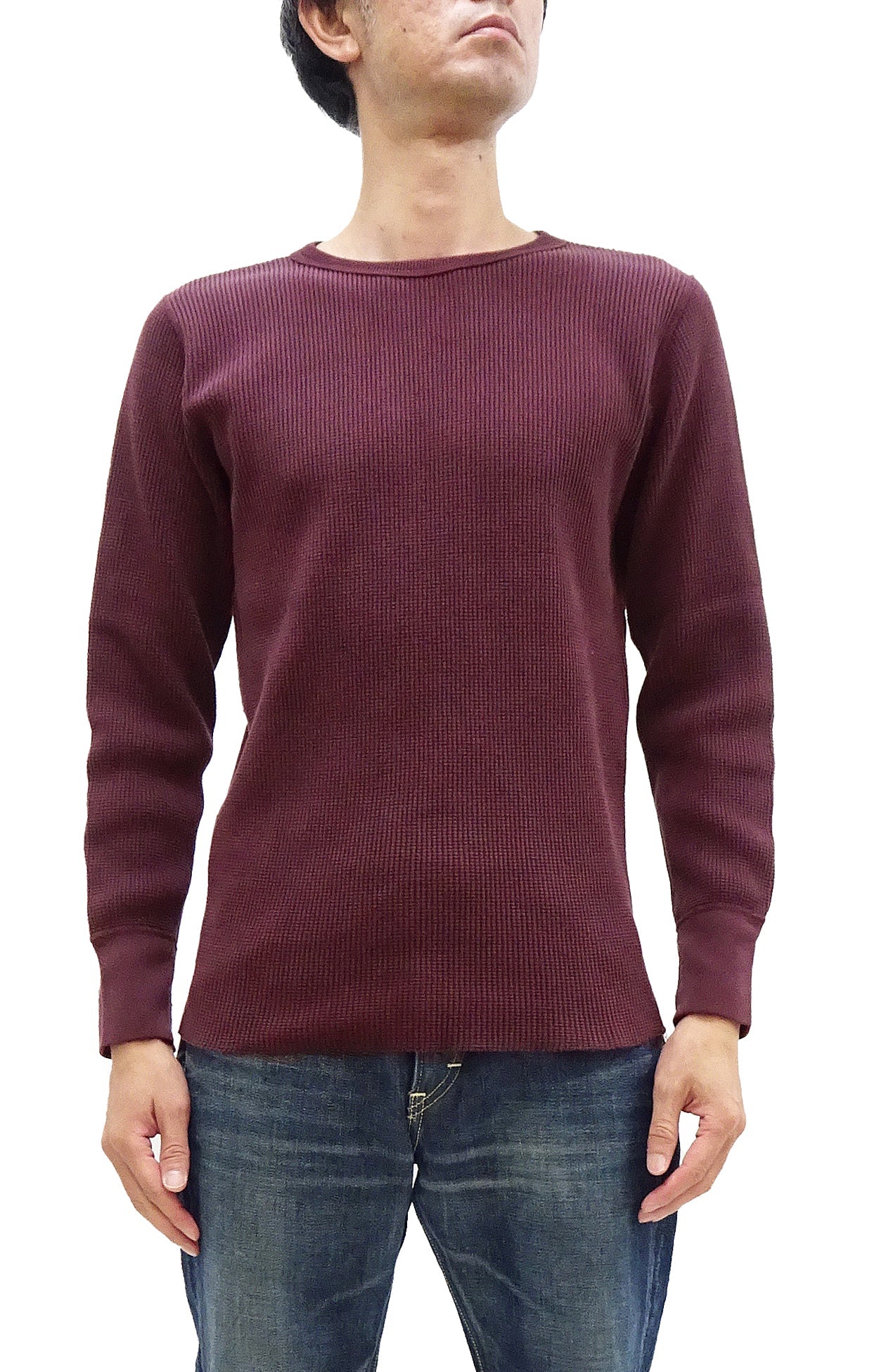 Studio D'Artisan Men's Heavyweight Waffle Knit Thermal Long Sleeve T-Shirt - 100% Cotton, Crew Neck, Ribbed Cuffs, Raw-edge hem, Made in Japan (SDA 9936) Burgundy
