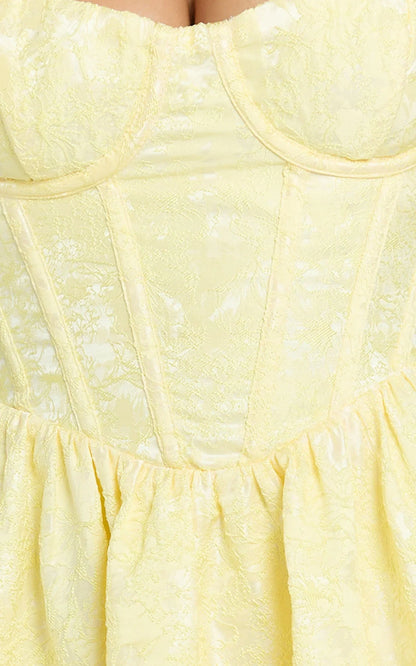 Eden Mini Dress - Jacquard Sweetheart Neck Lace Up Fit And Flare Dress in Yellow