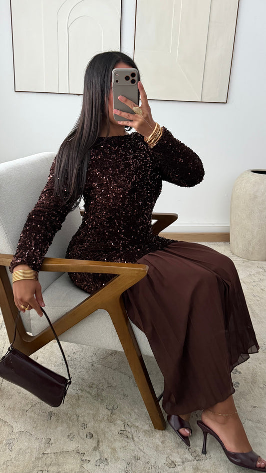 Robe A Sequins Plissee I Chocolat