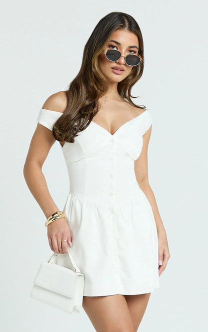 Adelaide Mini Dress - Off Shoulder Button Front Fit And Flare Dress in White