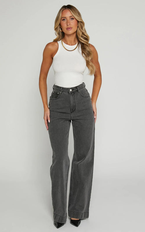 Emman Jeans - High Waisted Cotton Wide Leg Denim Jeans in Washed Black