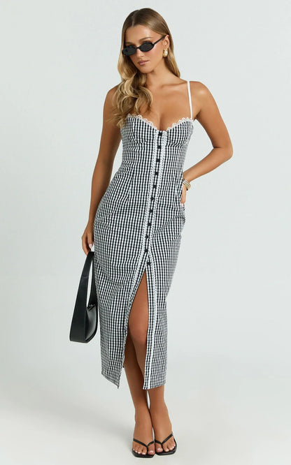 Anessa Midi Dress - Button Front Bustier Fitted Dress in Black
