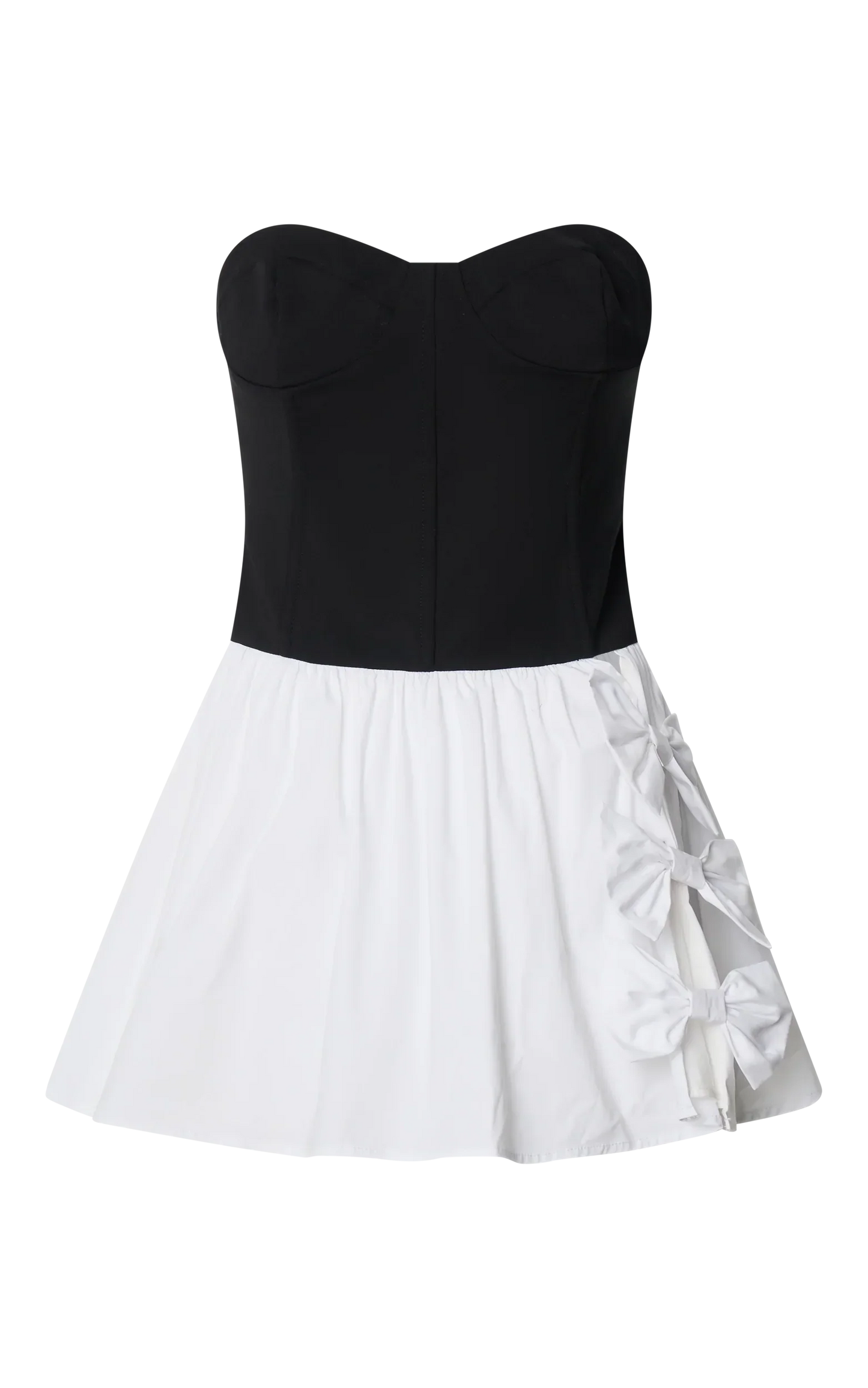Adelita Mini Dress - Strapless Contrast Colour Bodice Gathered Poplin Skirt Dress in Black
