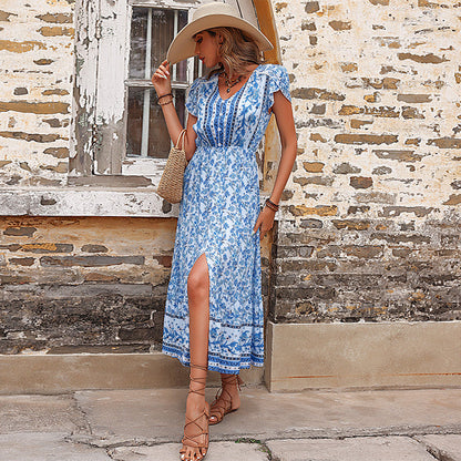 New Summer Bohemian Split Dress Plain v Neck Short Sleeve Casual Ethnic Style Clothing Loose Women Boho Dress