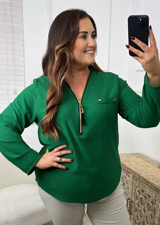 Jocasta Green Zip Detail Top
