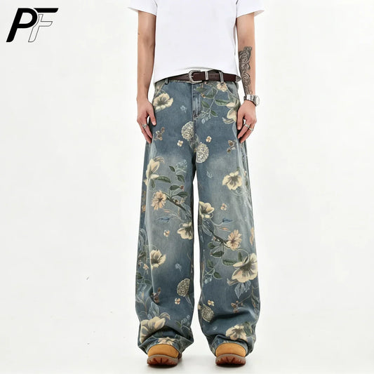 2026 New Vintage Floral Print Wide Leg Denim Pants Y2K High Waisted Distressed Washed Jeans Streetwear Loose Casual Trousers