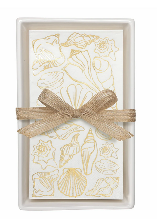 Ceramic Guest Napkin Tray + Napkins, Shells