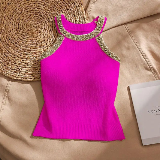 2026 Summer Sleeveless Knitted Vest Shirt Slim Halter Neck Beaded Tops Slim Sexy Bright Silk Women Camisole