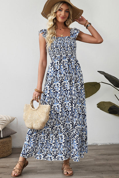 Sky Blue Boho Print Smocked High Waist Maxi Dress