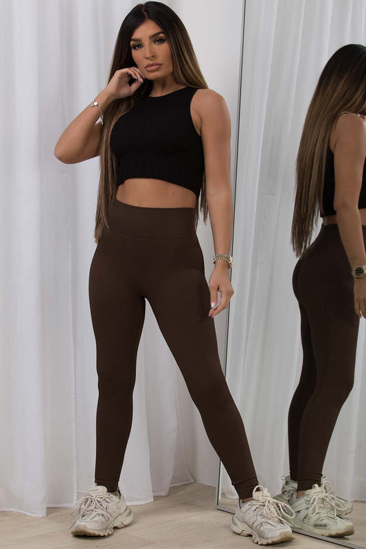 Brown Ribbed Leggings High Waist