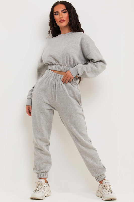 Crop Sweatshirt And Joggers Tracksuit Grey
