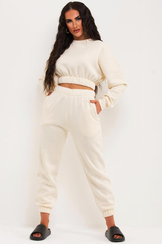 Crop Sweatshirt And Joggers Tracksuit Oatmeal