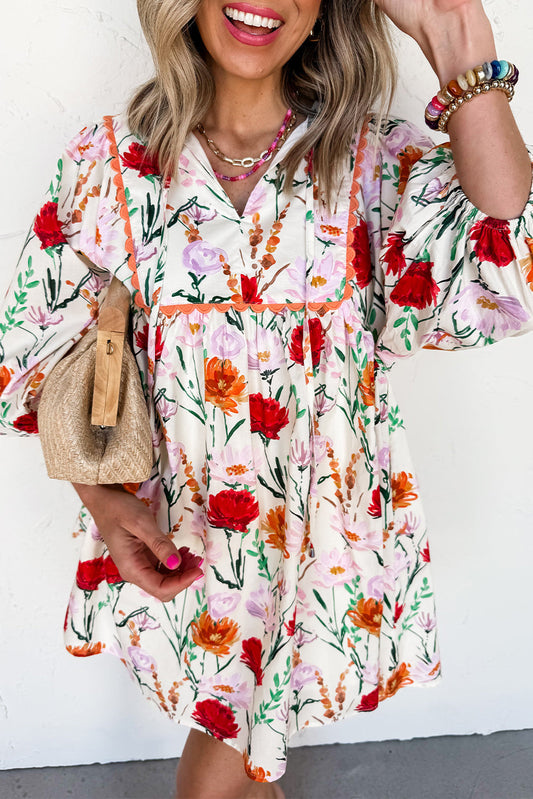 Beige Floral Print 3/4 Puff Sleeve Ricrac Trim Mini Dress