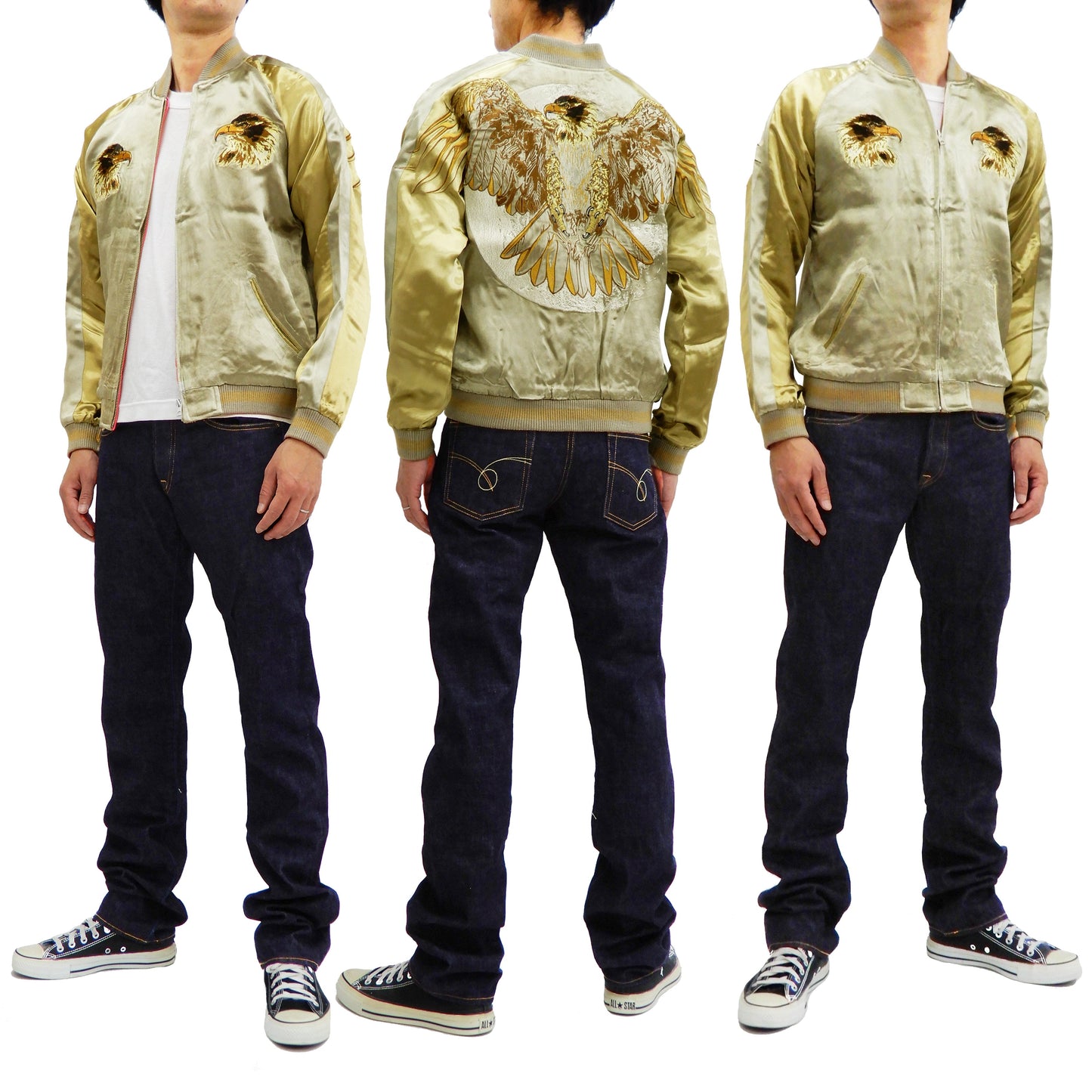 Satori Script Men's Japanese Souvenir Jacket Hawk Sukajan GSJR-018 Beige/Gold