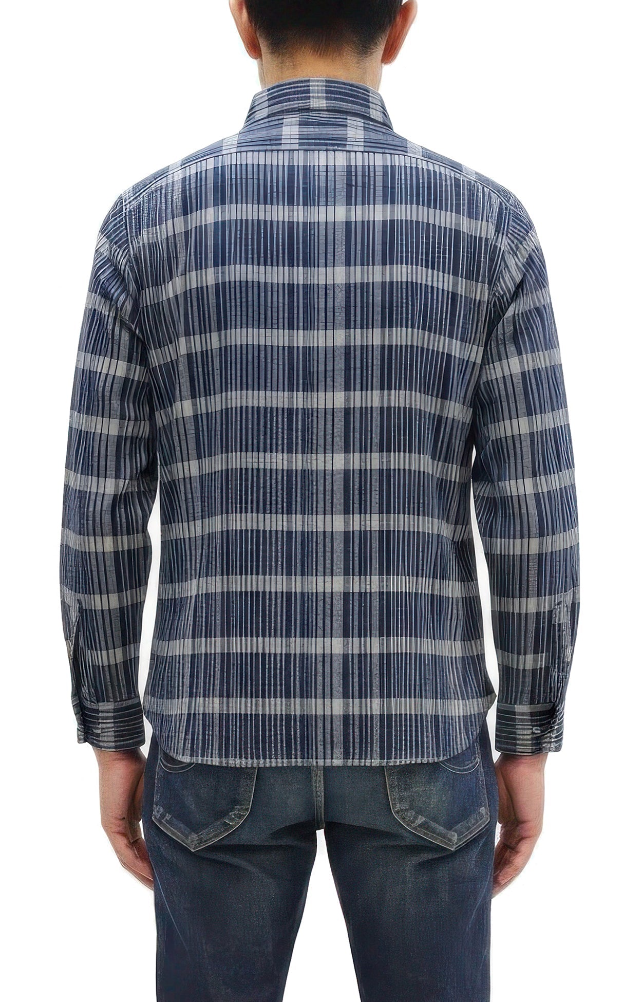 Sugar Cane Men's Indigo Plaid Long-Sleeve Work Shirt - Fiction Romance Collection - 100% Cotton, Inspired by Traditional Japanese Kimono Fabric, Made in Japan (SC29591 421A Navy)
