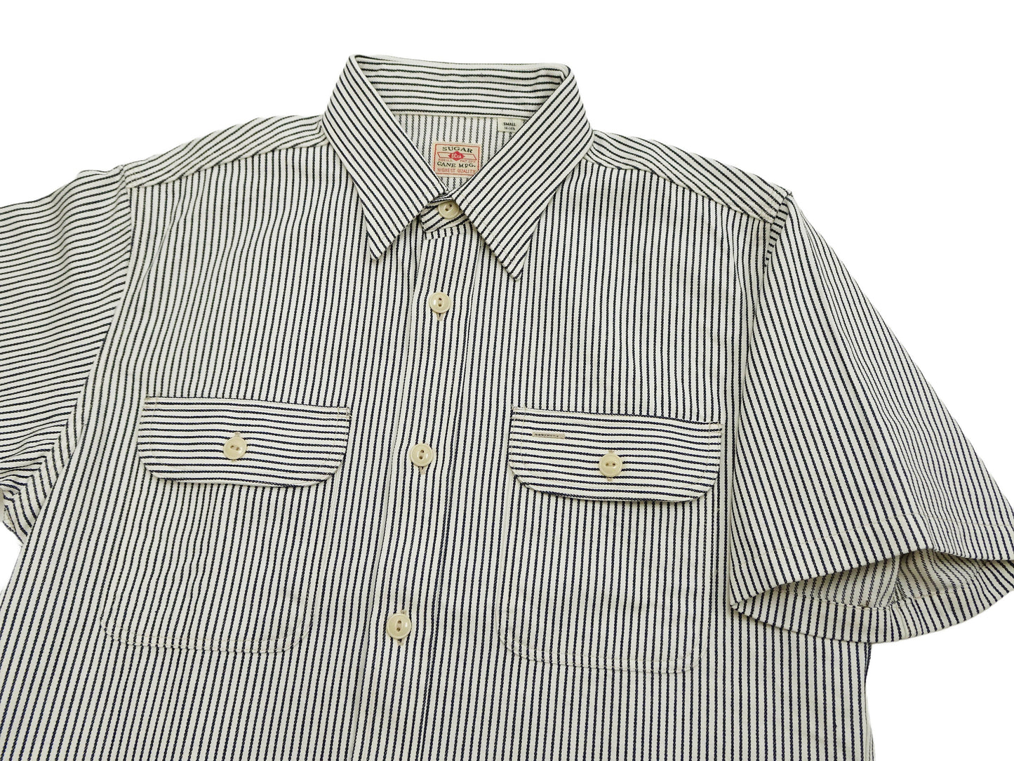 Sugar Cane Hickory Stripe Work Shirt - Men's Casual Short Sleeve Button Up Shirt SC37944 105 Off-White