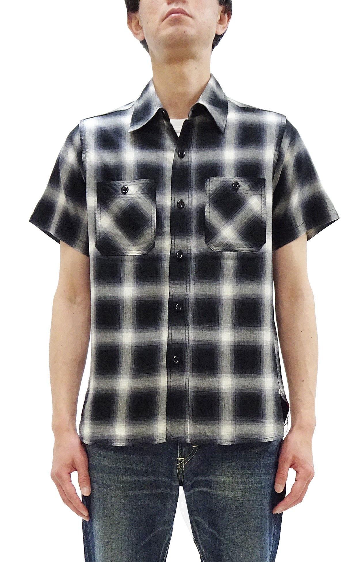 Sugar Cane Ombre Plaid Work Shirt Men's Casual Vintage-Style Short Sleeve Check Button Up Shirt SC39519 119 Black